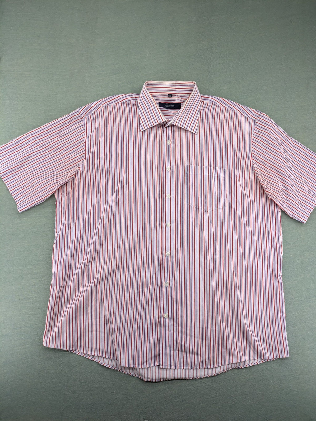 Ken Baker pink short sleeve shirt multicolored striped pattern with chest pocket and classic collar.