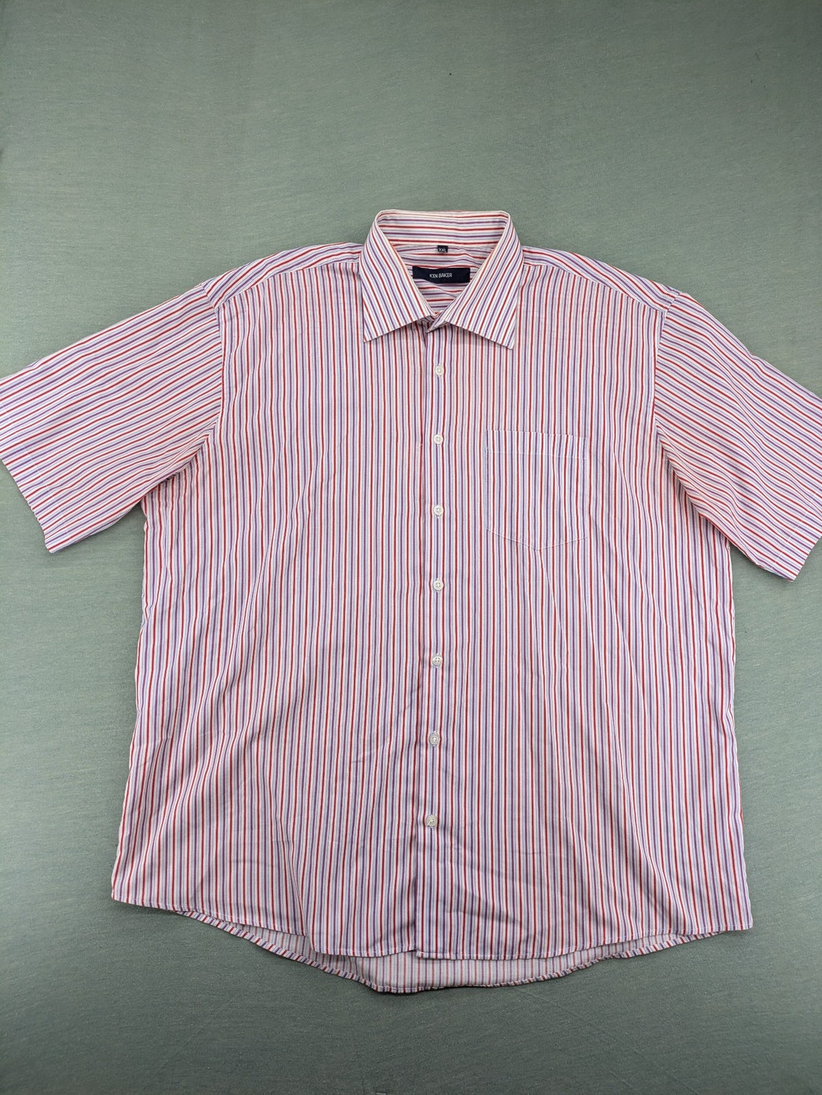 Ken Baker pink short sleeve shirt multicolored striped pattern with chest pocket and classic collar.