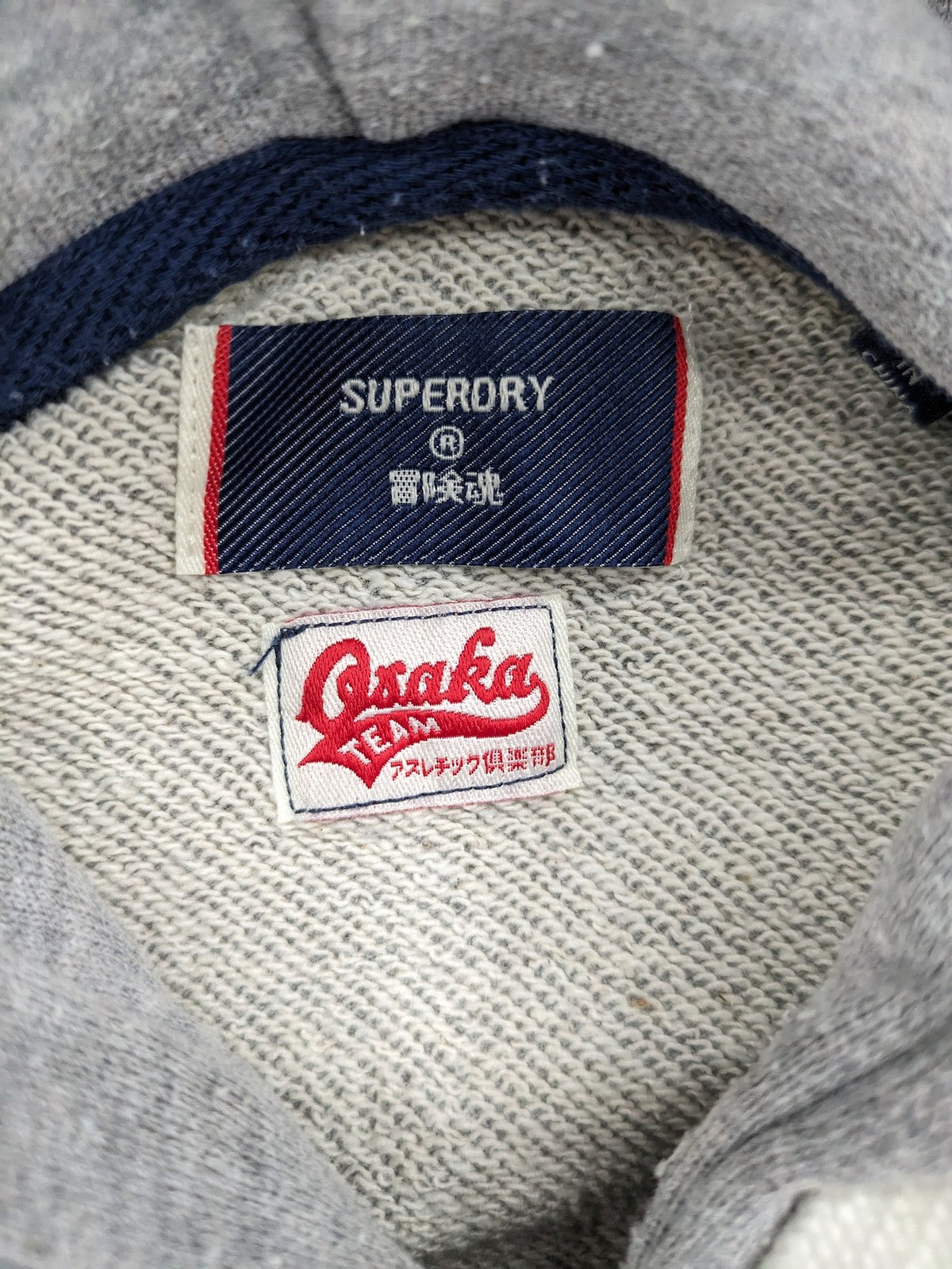 Superdry grey hoodie with Sonics logo, number 7 detail, kangaroo pocket, and drawstring hood.