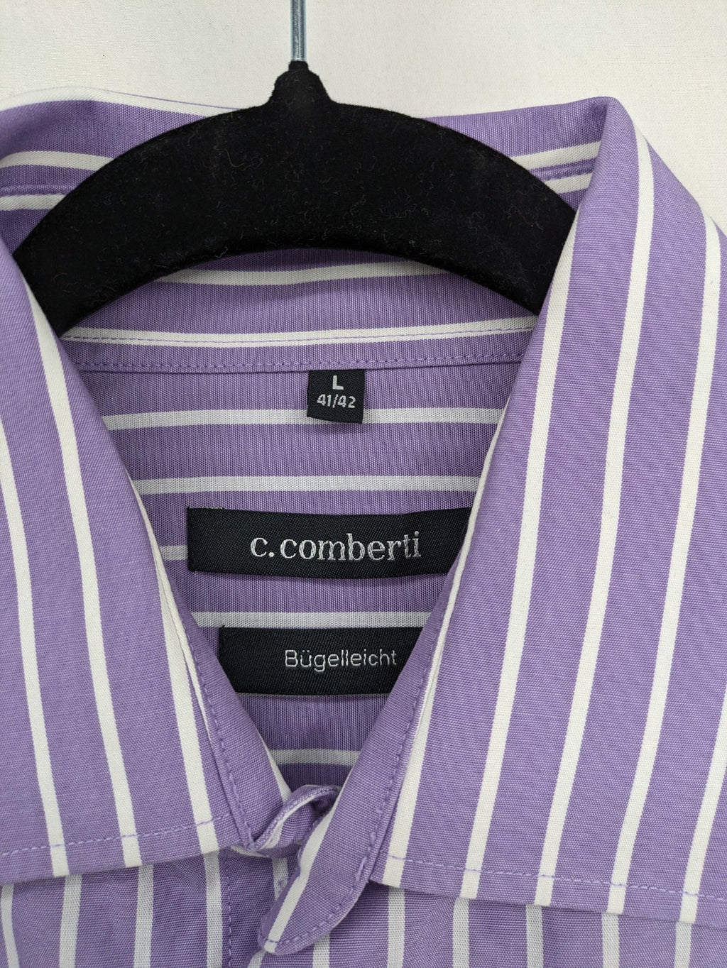 C.Comberti pink button-up shirt with vertical purple and white stripes, easy-care fabric.