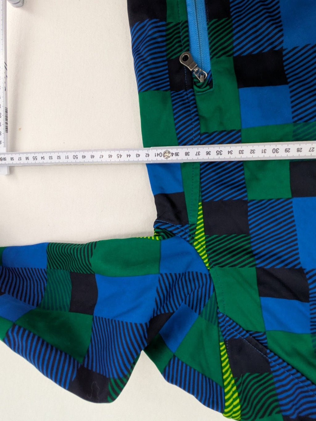 Pepperts multi softshell jacket plaid pattern blue green black, fleece lined, hooded.