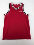 Spalding vintage red basketball jersey size XL, number 11, with black and white striped trim.