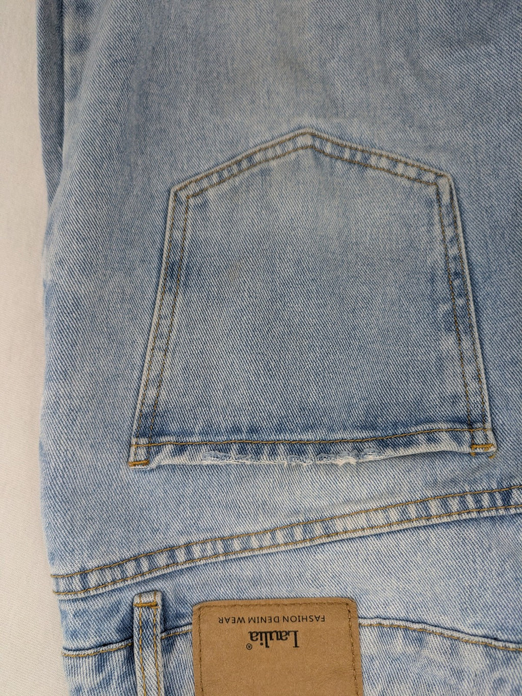 Laulia blue wide leg jeans with distressed knee rips and high waist design.