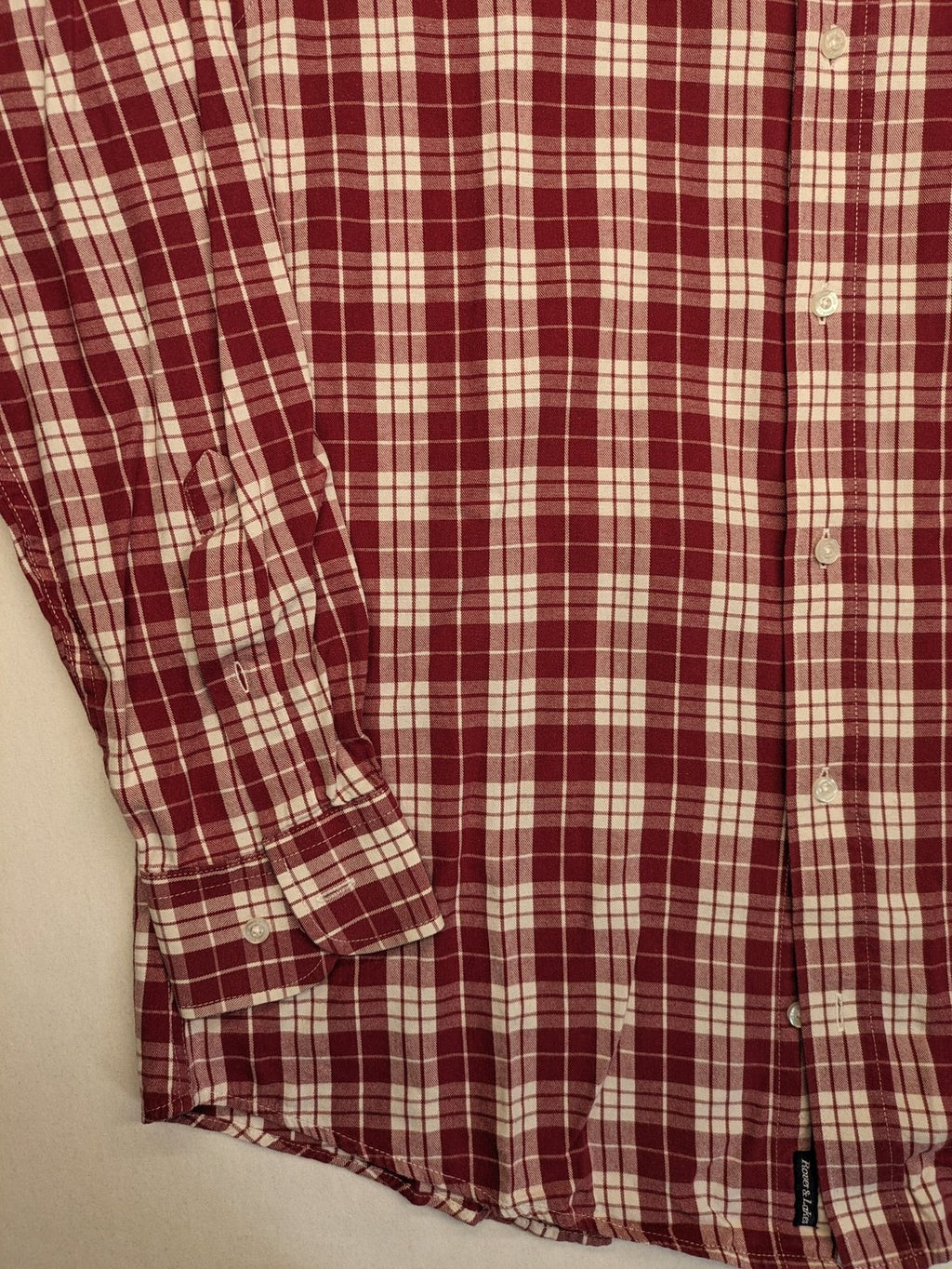 Rover & Lakes red checkered long sleeve shirt, button-down collar, 100% cotton twill.