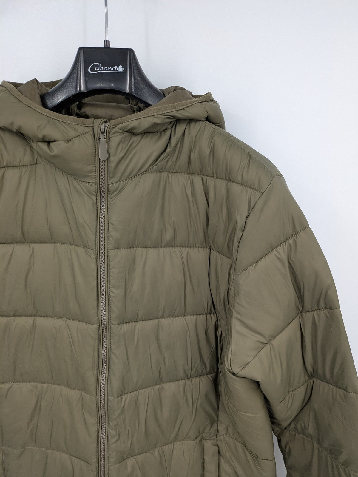 up2 fashion khaki puffer jacket with fixed hood, lightweight quilted design, full zipper