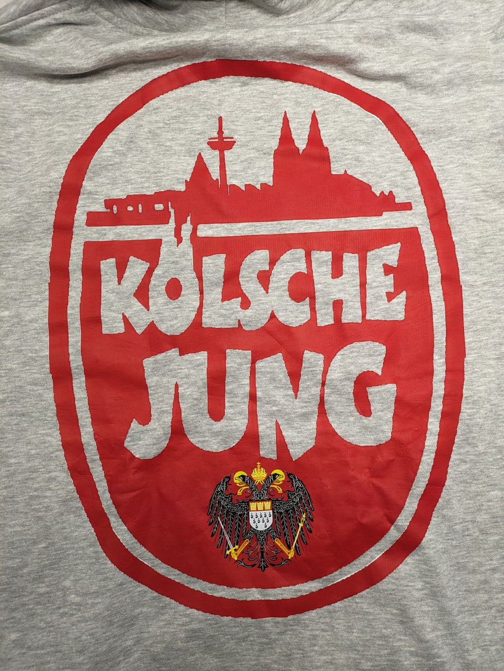 Herren multi turtle neck jumper grey "Kölsche Jung" print, soft cotton-polyester blend.