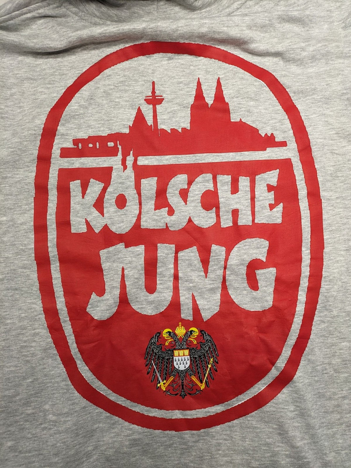 Herren multi turtle neck jumper grey "Kölsche Jung" print, soft cotton-polyester blend.