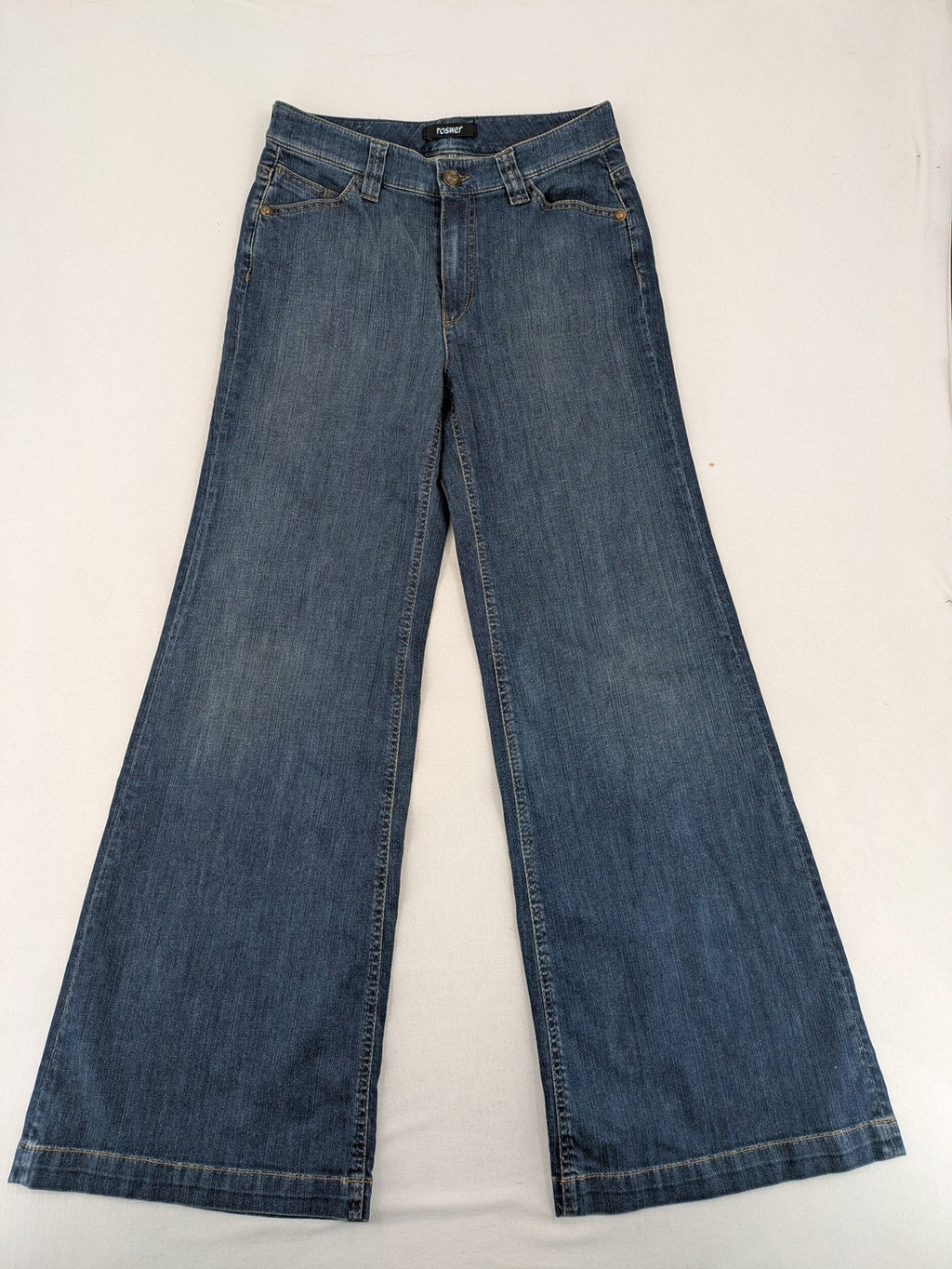 Rosner blue wide leg jeans with colorful embroidery on back pockets.