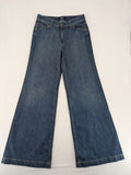 Rosner blue wide leg jeans with colorful embroidery on back pockets.