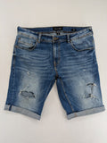 Smog blue denim shorts slim fit distressed details with rolled hem.