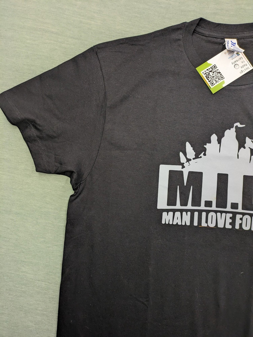 Fortnite black t-shirt with white "M.I.L.F. Man I Love Fortnite" graphic print.
