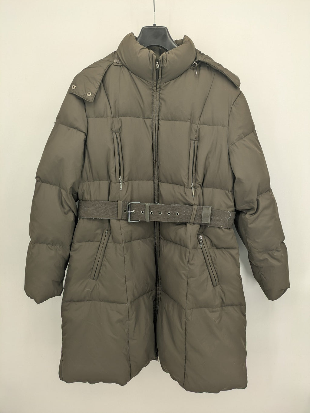 Yessica khaki puffer coat long quilted design with belt, zip pockets, and hood.