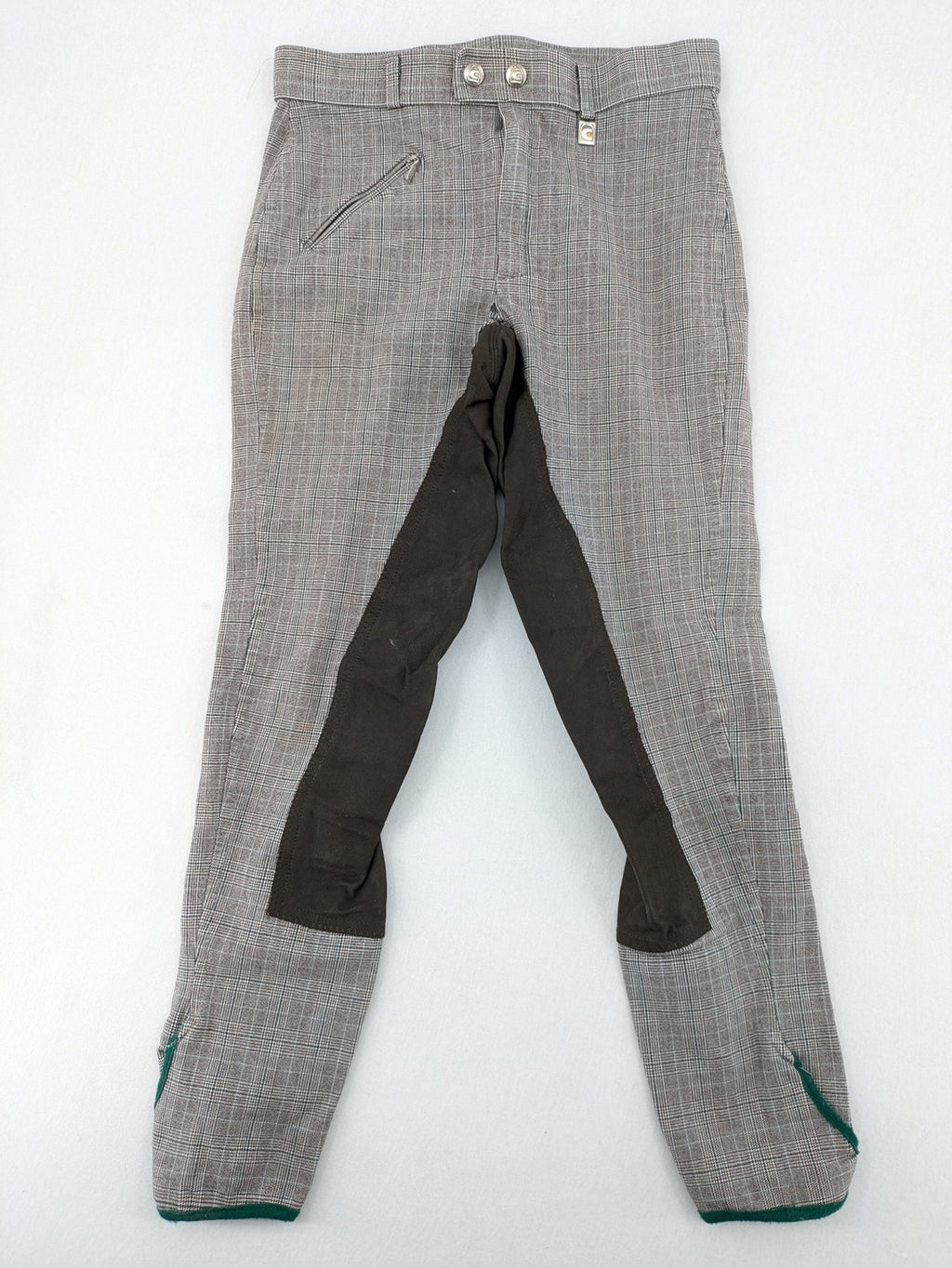 Cavallo grey check riding pants with brown full-seat patch and logo detail.