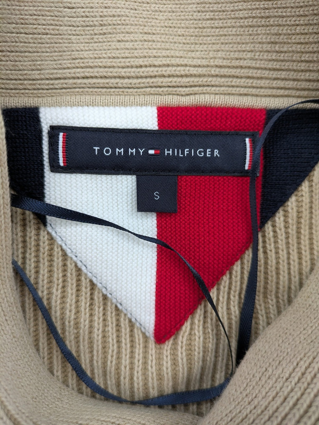 Tommy Hilfiger beige turtle neck jumper ribbed knit 100% cotton with shawl collar.