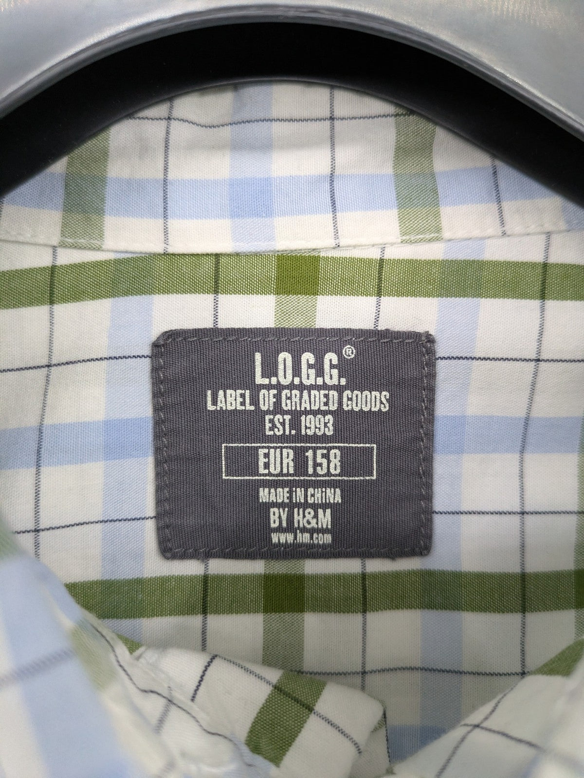 L.O.G.G green, blue, and white checked long-sleeve shirt with button placket and Kent collar.