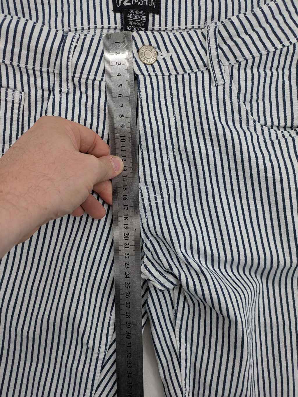 UP2FASHION blue and white striped straight jeans with five-pocket style and cotton stretch material.
