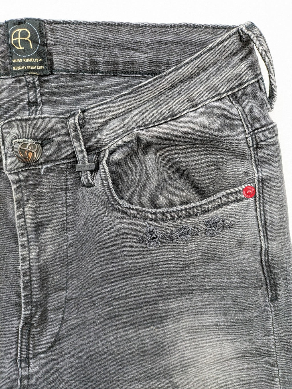 Elias Rumelis grey super slim fit jeans with stitched logo and subtle used look.