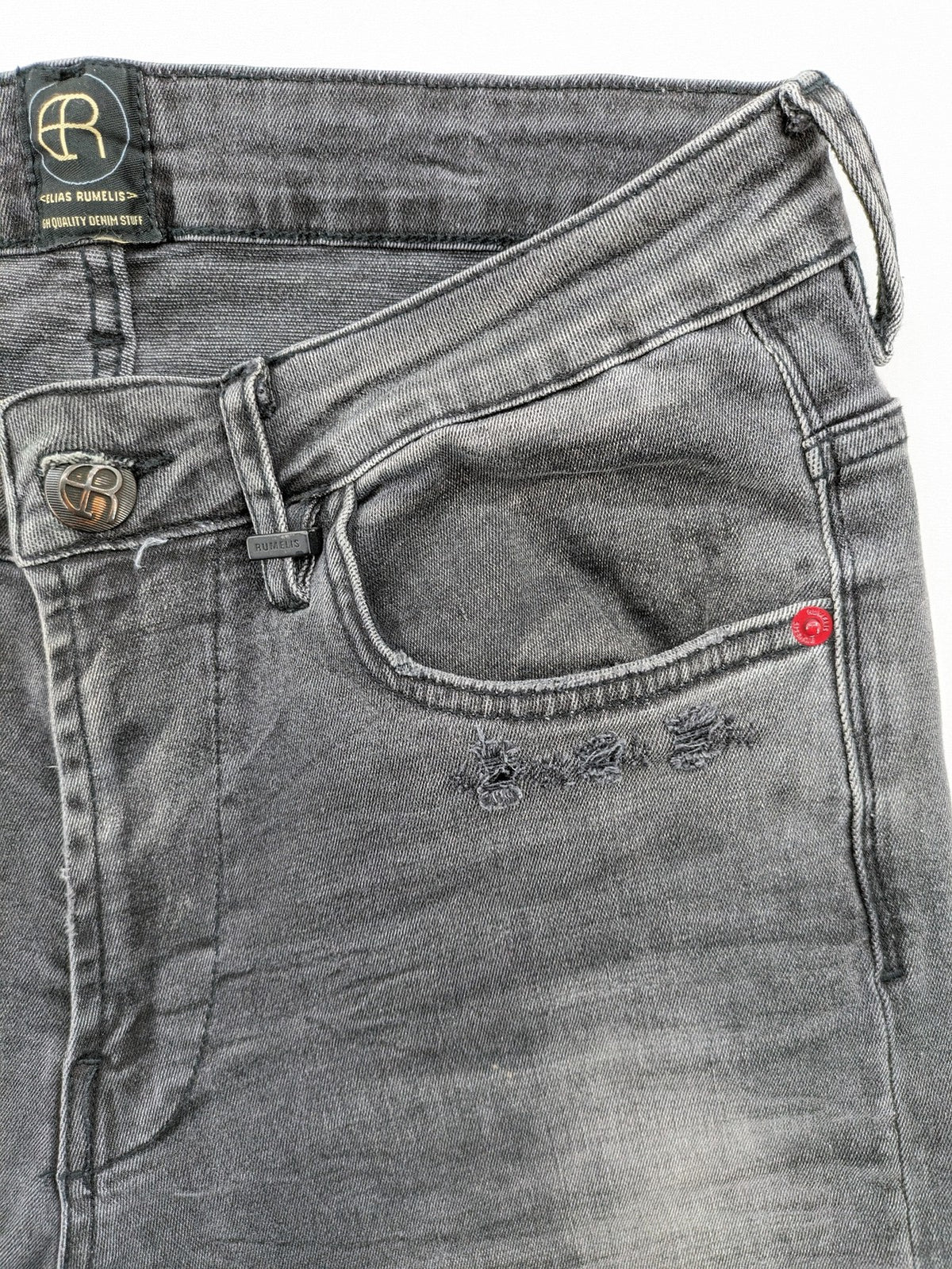 Elias Rumelis grey super slim fit jeans with stitched logo and subtle used look.
