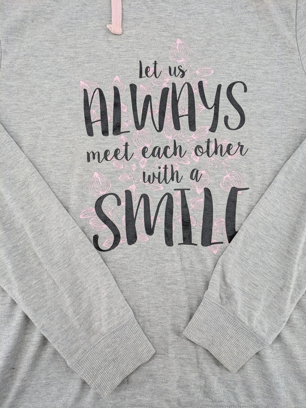 Colours Of The World grey knit jumper with pink drawstring, inspirational graphic print, soft material.