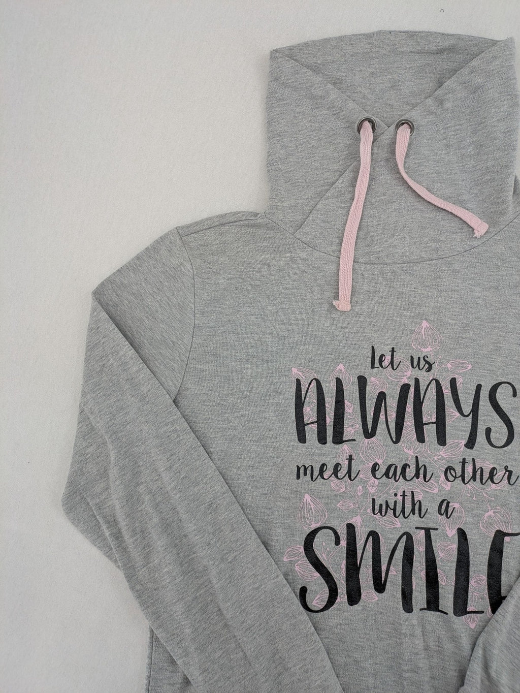 Colours Of The World grey knit jumper with pink drawstring, inspirational graphic print, soft material.