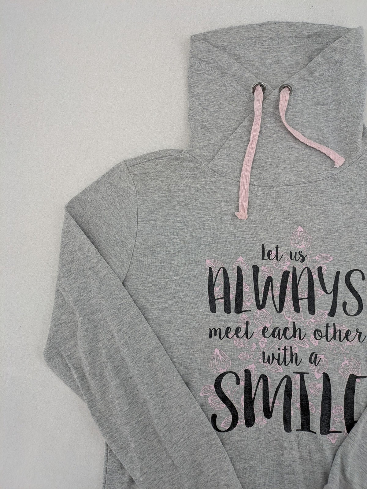 Colours Of The World grey knit jumper with pink drawstring, inspirational graphic print, soft material.