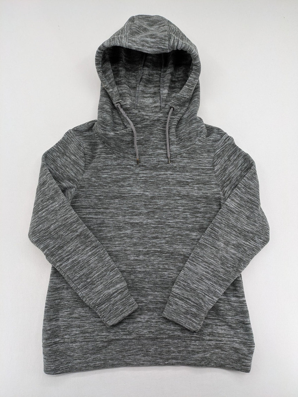 Crane grey fleece turtle neck jumper with adjustable drawstring hood and melange fabric.