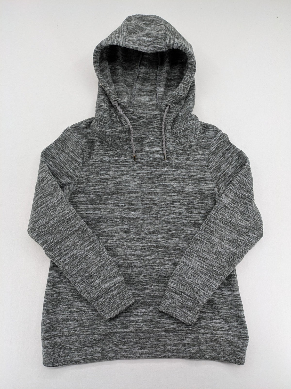 Crane grey fleece turtle neck jumper with adjustable drawstring hood and melange fabric.