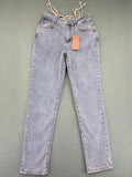 SHEIN blue straight jeans high waist with unique lacing details and stylish design.