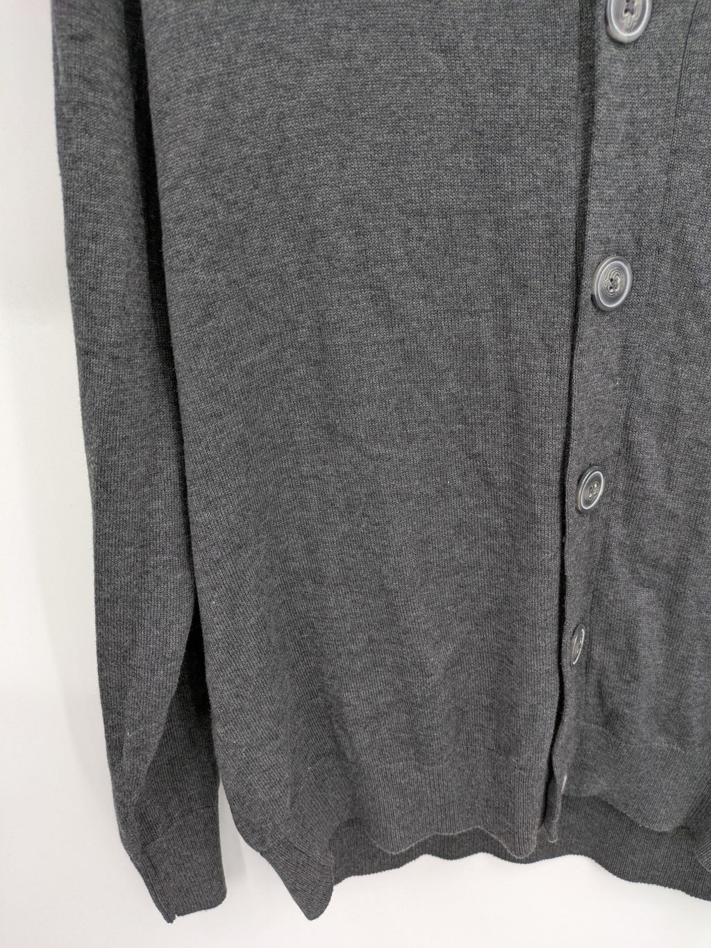 Straight Up grey cardigan with shawl collar, button front, soft cotton-acrylic blend.