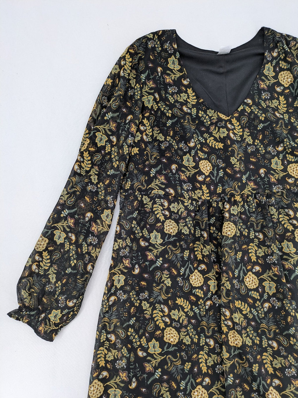 AproductZ cream bridal party dress with floral pattern, long transparent sleeves, V-neck.
