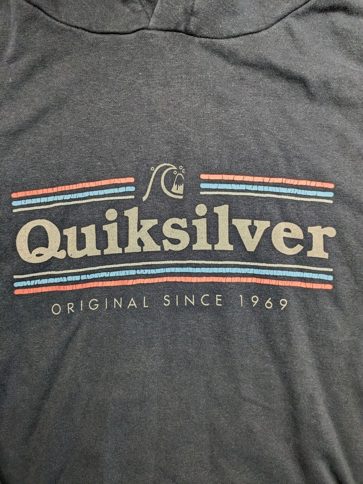 Quiksilver grey hoodie with logo graphic, kangaroo pocket, and adjustable hood.
