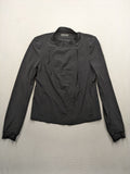 Beate Heymann black biker jacket with asymmetrical front and stand-up collar, stretch material.