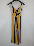 Bershka multi jumpsuit vertical striped pattern yellow, black, white, knot detail, cut-out waist.