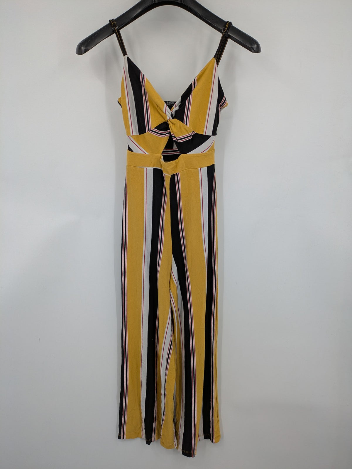 Bershka multi jumpsuit vertical striped pattern yellow, black, white, knot detail, cut-out waist.