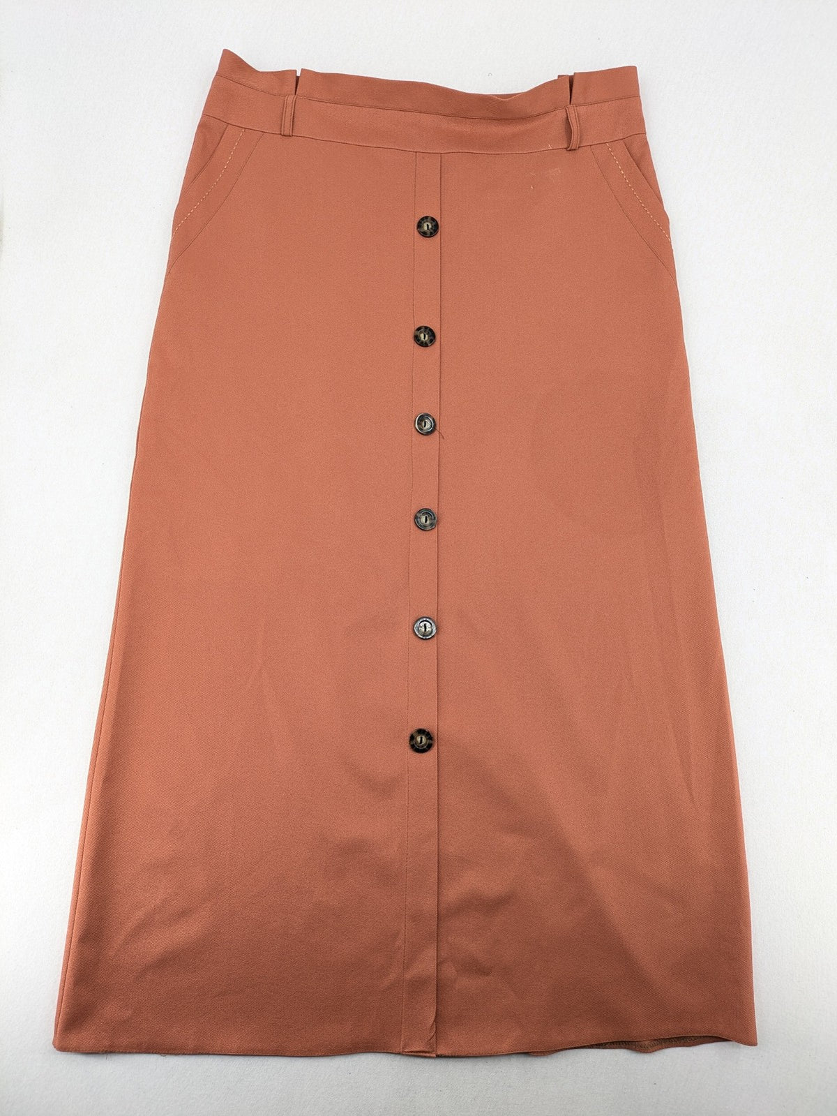 Moda orange long skirt A-line cut with front button placket and belt loops.