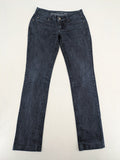 Review straight leg jeans dark blue low rise stretch denim with classic design.