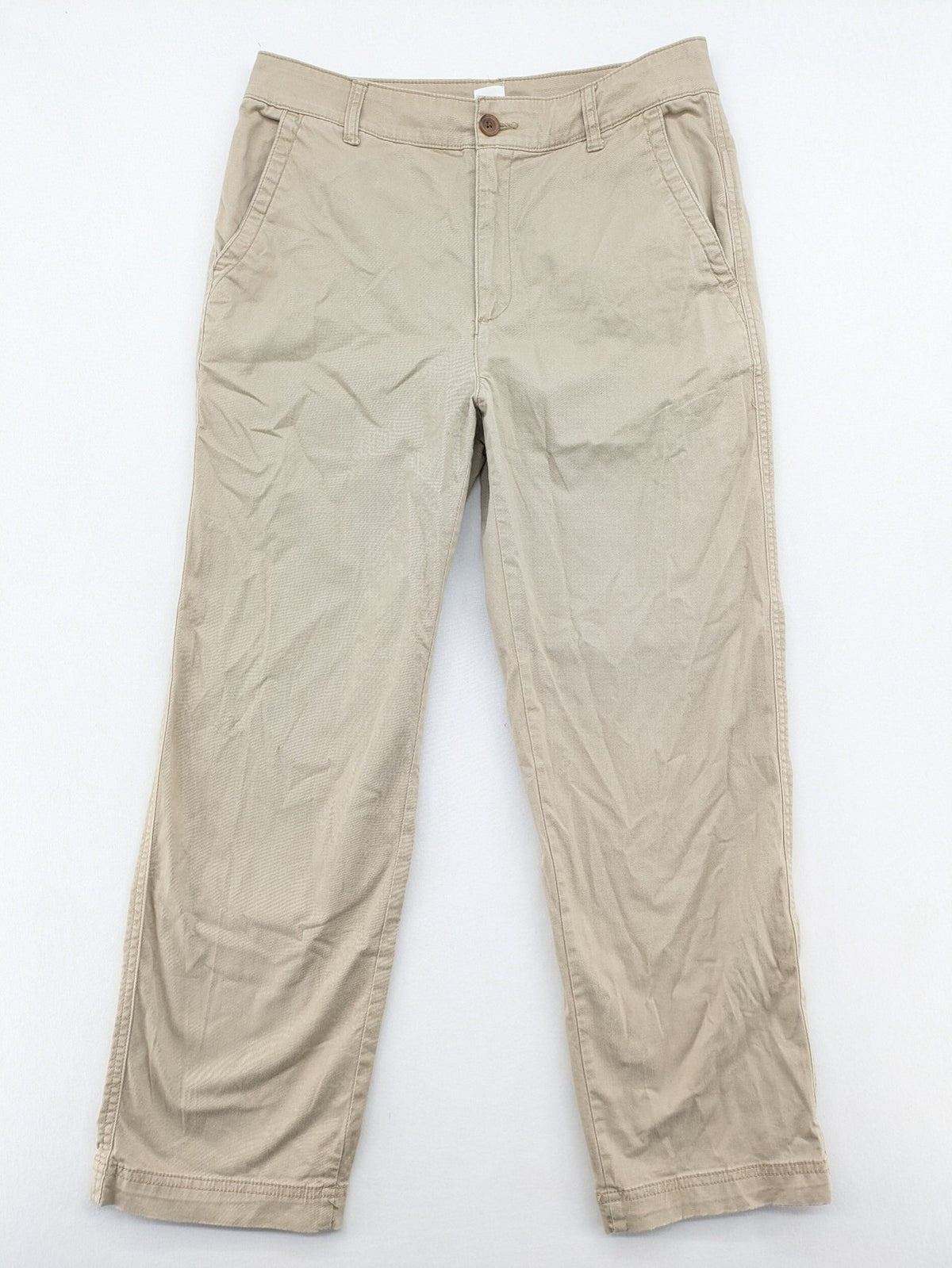 Gap beige girlfriend chino pants with relaxed fit and soft cotton-stretch blend.