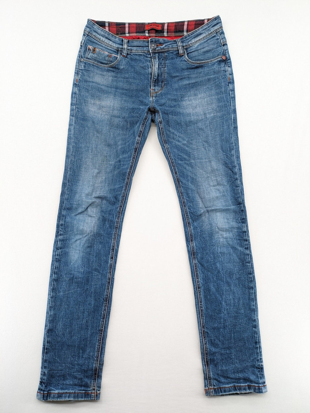 Timezone blue straight jeans slim fit with checkered pattern lining and button fly.