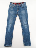 Timezone blue straight jeans slim fit with checkered pattern lining and button fly.