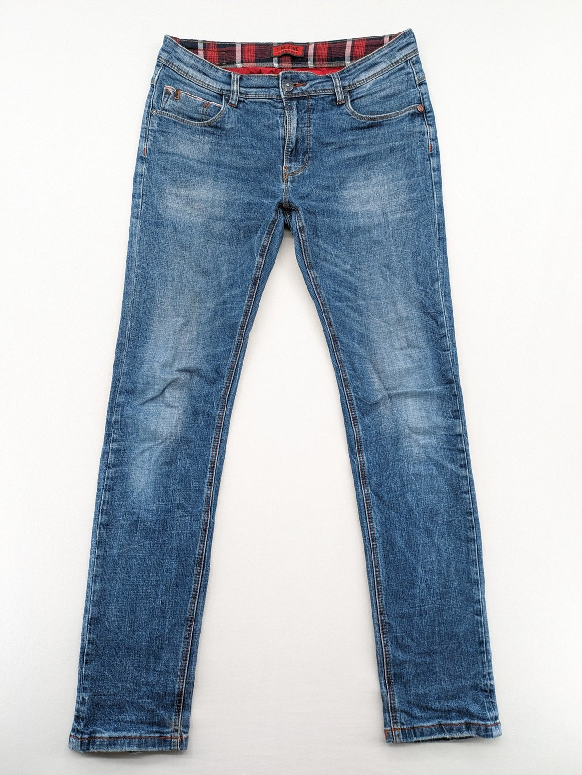 Timezone blue straight jeans slim fit with checkered pattern lining and button fly.