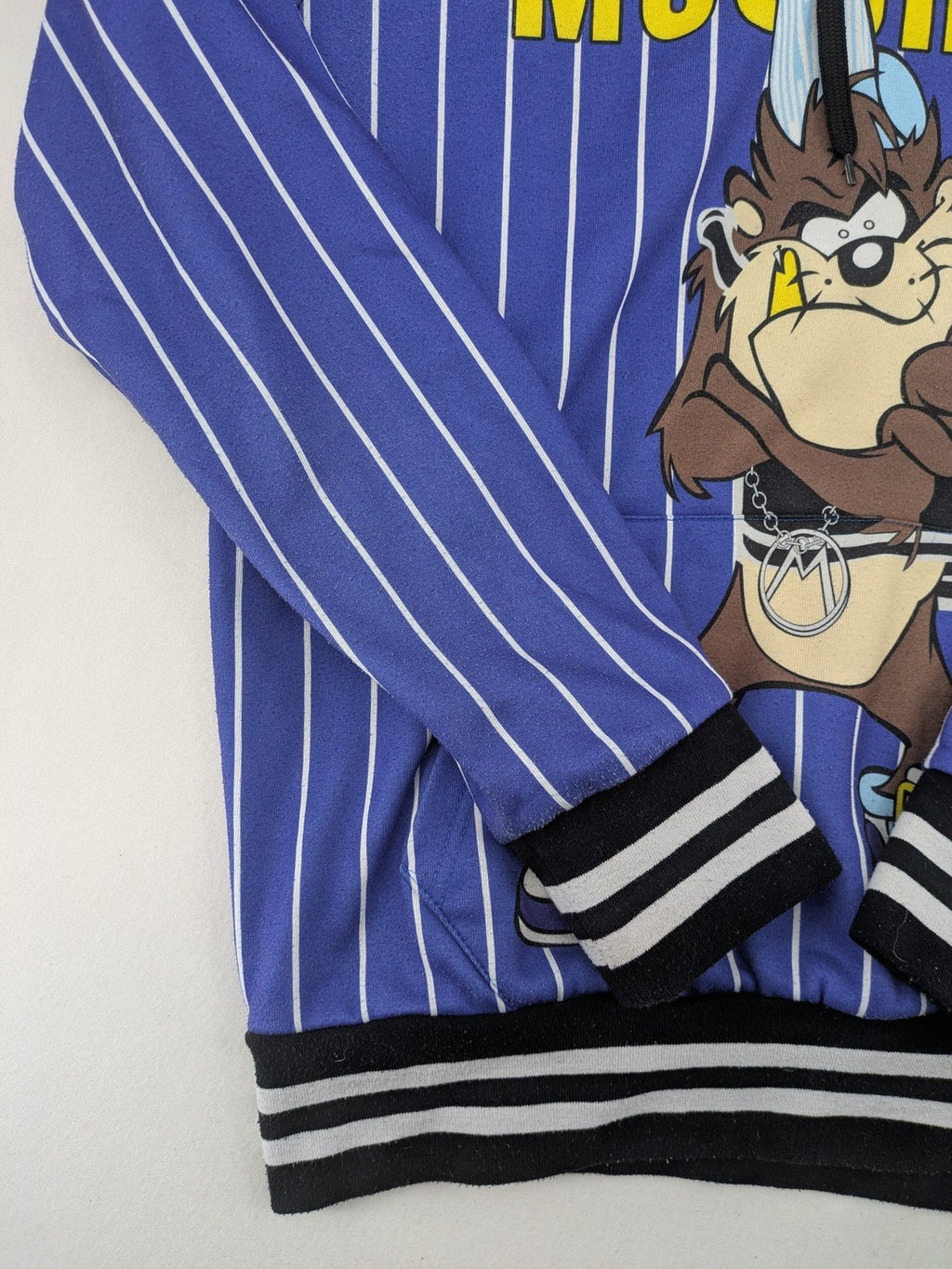 Moschino multi turtle neck jumper blue and white striped with Tasmanian Devil graphic.