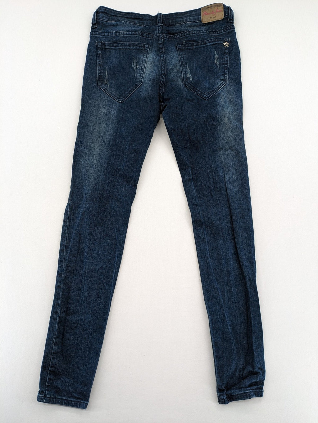 Place du Jour blue biker jeans with zippers, used-look wash, and star rivet detail.