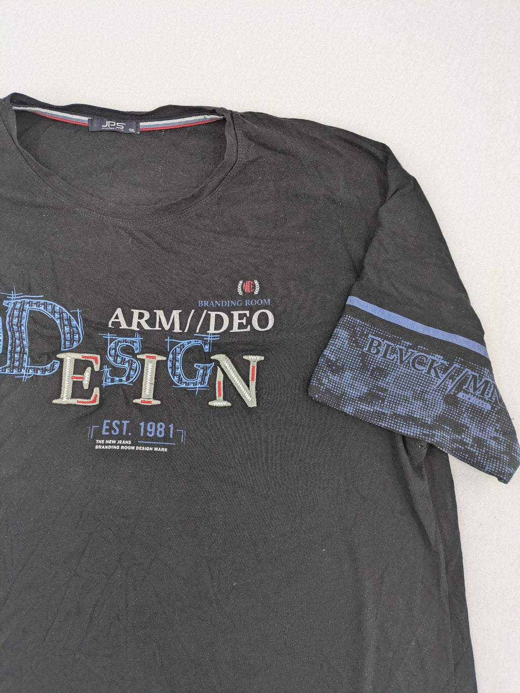 Pedro multi graphic t-shirt size 5XL with embroidered design and contrasting sleeve patterns.