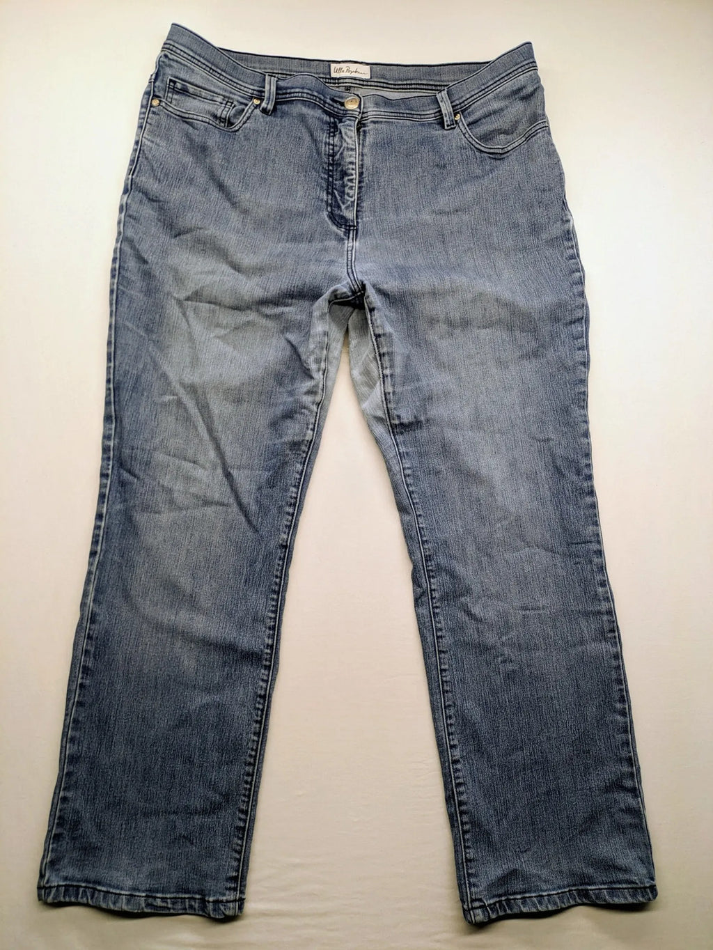 Angels blue straight jeans with five-pocket design and vertical front seams.