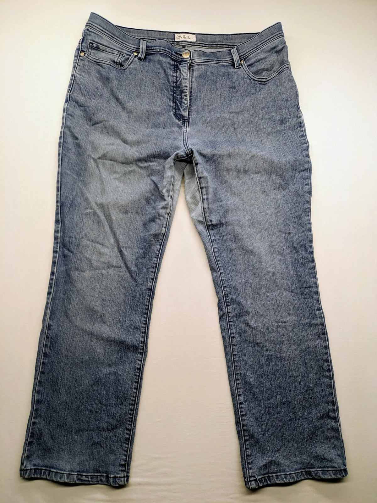 Angels blue straight jeans with five-pocket design and vertical front seams.