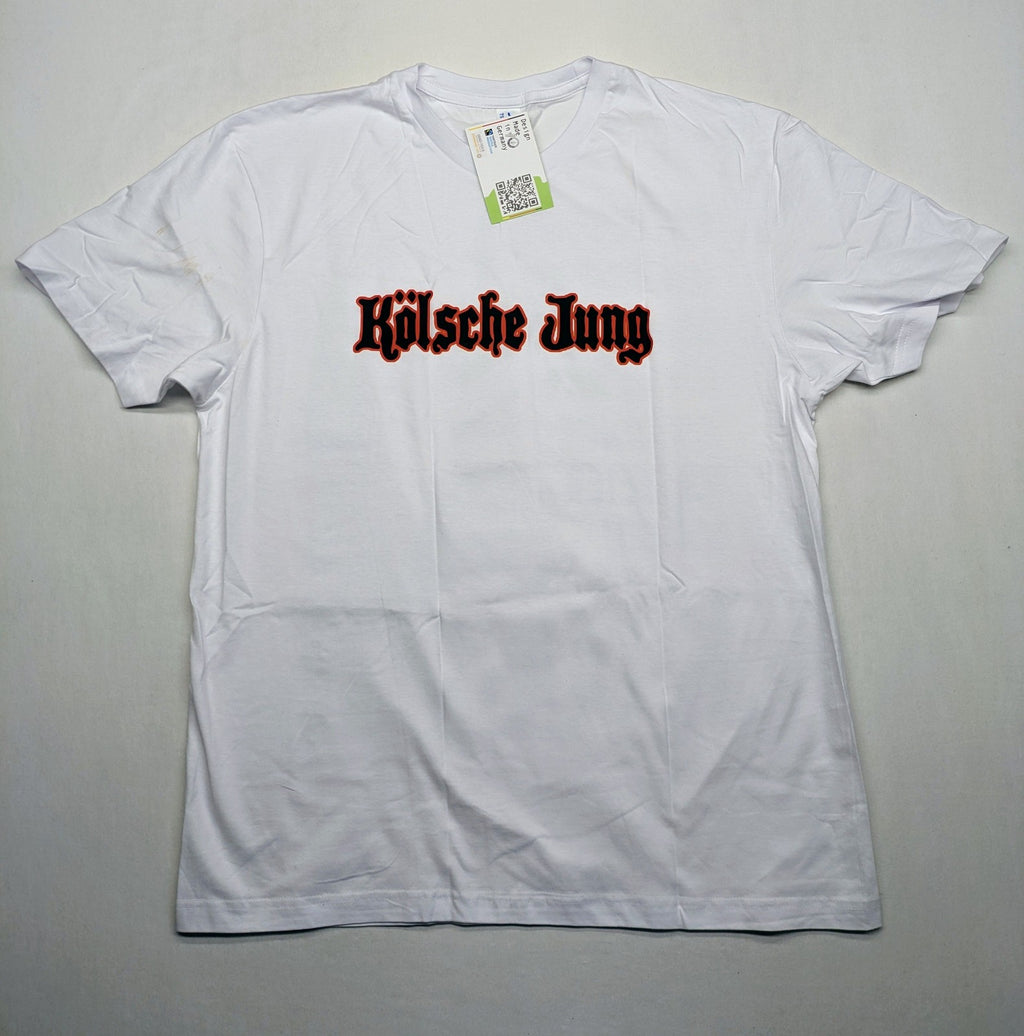 JHK black t-shirt with red "Kölsche Jung" text and Cologne Cathedral graphic.