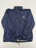Fila navy windbreaker jacket with large embroidered logo on chest and back.