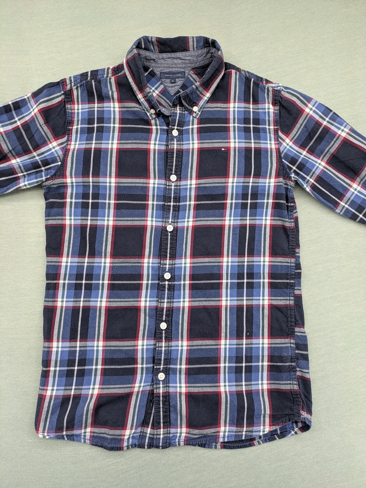 Tommy Hilfiger long-sleeve shirt multi-colored check pattern with embroidered logo tag.