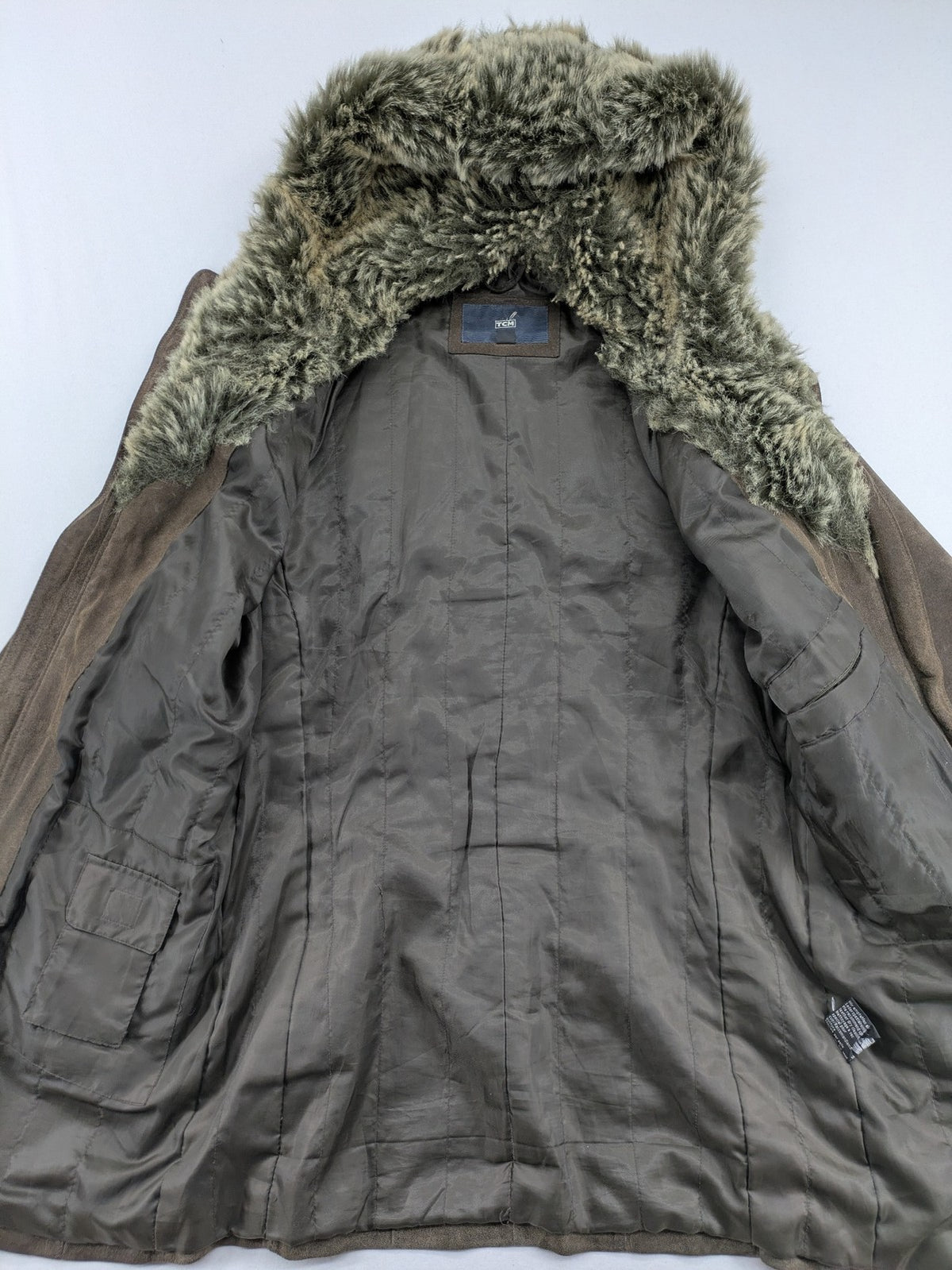 tcm brown suede parka coat with faux fur hood and fully lined interior