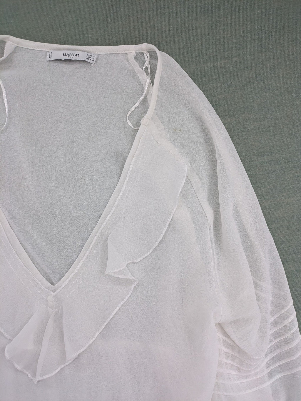 Mango Suit transparent blouse white ruffled V-neck flared sleeves elegant design